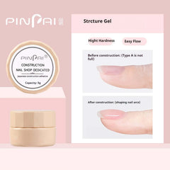 PINPAI Structure Gel in 5g jar demonstrating nail construction before and after application results.