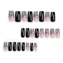 VIBEFICANT GLAZE  Glitter with Sequin Tips Medium Square Black & Pink Press-On Nails