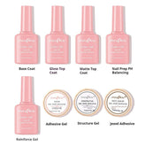 PINPAI 12ml gel nail products including base coat, gloss top coat, matte top coat, and adhesives for long-lasting manicures.