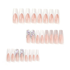 VIBEFICANT Glaze Exquisite Blooms: 3D Floral Rhinestone French Tip Long Square Press-On Nails