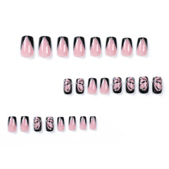 VIBEFICANT Elegant Black Glitter French Tip Rhinestone  Medium Square Press On Nails