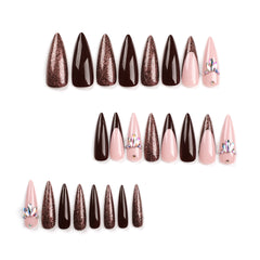 VIBEFICANT GLAZE Pink & Chocolate Blend Glitter French Tip Sparkly Rhinestone Medium Almond Press-On Nails