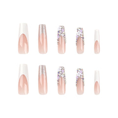 VIBEFICANT Glaze Exquisite Blooms: 3D Floral Rhinestone French Tip Long Square Press-On Nails