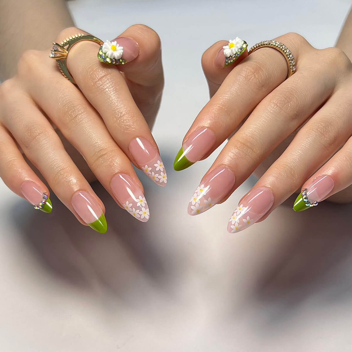 3D Rhinestone Floral French Tip Medium Almond Press On Nails Spring
