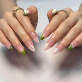 3D Rhinestone Floral French Tip Medium Almond Press On Nails Spring