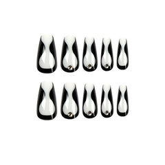 VIBEFICANT GLAZE Noir Elegance: Black White Swirl Rhinestone Medium Coffin Press-On Nails