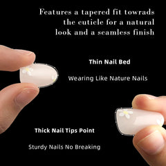 Comparison of tapered fit press-on nails showing thin nail bed for a natural look and thick tips for durability.