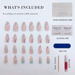 What's included for a DIY manicure: press-on nails, super-adhesive tabs, alcohol pads, cuticle stick, nail file, and nail glue.