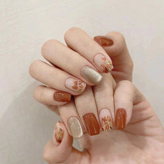 Fall Season Pumpkin Nail Art Cat Eye Medium Almond Press On Nails