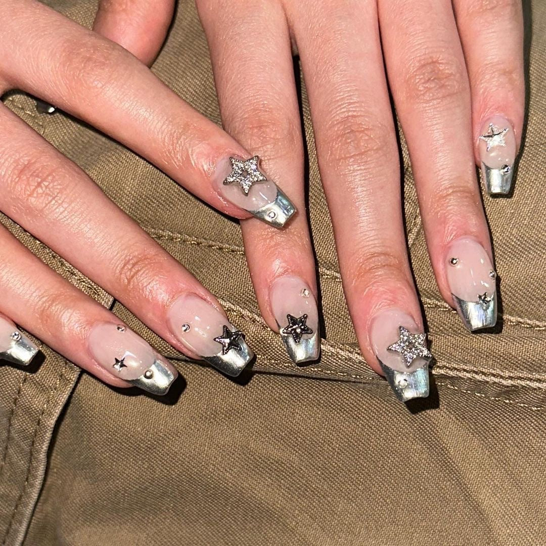 VIBEFICANT 3D Star Rhinestone French Tip Medium Coffin Press-On Nails