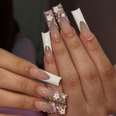 VIBEFICANT Exquisite Blooms: 3D Floral Rhinestone French Tip Long Square Press-On Nails