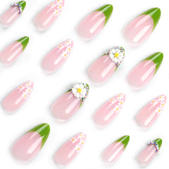 VIBEFICANT GLAZE 3D Rhinestone Floral French Tip Medium Almond Press On Nails Spring