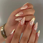 Nude Medium Almond Pastel Yellow French Tip Rhinestone Press on Nails