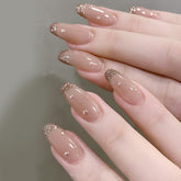 Nude Medium Coffin Glitter French Tip Rhinestone Press on Nails