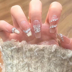 Nude Ombre Medium Coffin Cat Eye French Tip Sparkling Rhinestone  Press on Nails