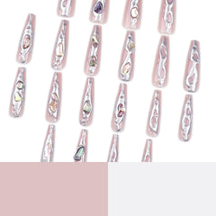 Nude Press on Nails Punta francesa de ataúd largo con diseño manchado de oro blanco