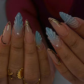 VIBEFICANT GLAZE Blue Ombre Medium Almond Seashell Embossed Art Press on Nails