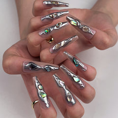 Nude Press on Nails Punta francesa de ataúd largo con diseño manchado de oro blanco