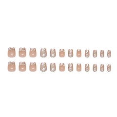 VIBEFICANT Glaze Floral French Tip Short Squaoval Pearl  Press on Nails