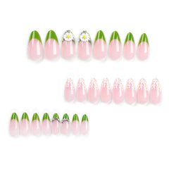 VIBEFICANT GLAZE 3D Rhinestone Floral French Tip Medium Almond Press On Nails Spring