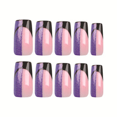 VIBEFICANT GLAZE Violet Purple and Black Geometric Medium Square Press-On Nails