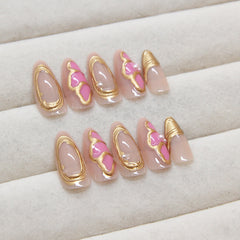 VIBEFICANT GLAZE Medium Almond Embossed Gold French Tip with Pearl Press on Nails
