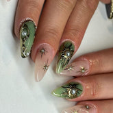 Nude & Green Medium Almond Bohemian Gold & Pearl Press on Nails