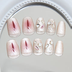 VIBEFICANT Glaze Cat Eye Short Squaoval Rhinestone Design Press on Nails