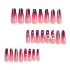 VIBEFICANT GLAZE Valentines Edition - Burgundy Ombre Long Coffin 3D  Pearl Heart and Crystal Beads Press-On Nails