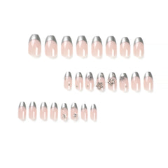 VIBEFICANT Glaze 3D Star Rhinestone Silver French Tip Medium Coffin Press-On Nails