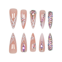 VIBEFICANT GLAZE Long Stiletto Ombre Nude Press-On Nails with rhinestones and floral designs