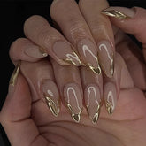 Nude Medium Almond French Tip Gold Embossed Press on Nails