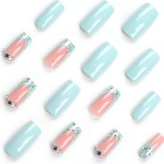VIBEFICANT GLAZE Pastel Blue Holographic Glitter French Tip Rhinestone Medium Square Press-On Nails
