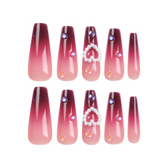 VIBEFICANT GLAZE Valentines Edition - Burgundy Ombre Long Coffin 3D  Pearl Heart and Crystal Beads Press-On Nails