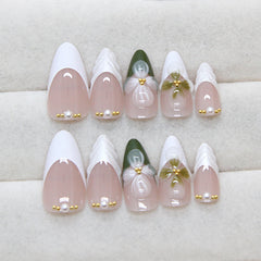 VIBEFICANT GLAZE White French Tip Embossed Art Medium Almond Press on Nails