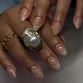 VIBEFICANT GLAZE Nude Embossed Art Pearl Embellishment Short Almond Press on Nails