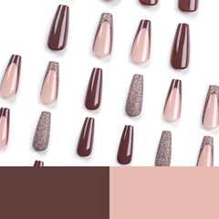 VIBEFICANT GLAZE Brown Long Coffin Glitter French Tip Press on Nails