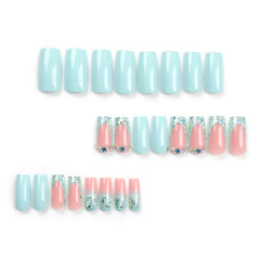 VIBEFICANT GLAZE Pastel Blue Holographic Glitter French Tip Rhinestone Medium Square Press-On Nails