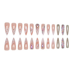 VIBEFICANT GLAZE Long Stiletto Ombre Nude Sparkling Rhinestone Floral Press On Nails display.