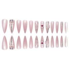 VIBEFICANT GLAZE Pink Cat Eye Long Stiletto Press-On Nails with heart rhinestones and bows for bling.