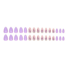 VIBEFICANT GLAZE Purple Lavender Floral Medium Almond Stick On Nails