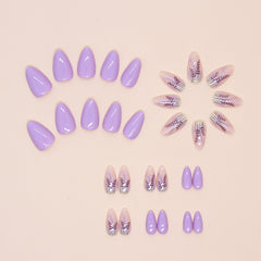 VIBEFICANT GLAZE Purple Lavender Floral Medium Almond Stick On Nails