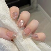 VIBEFICANT Glaze Floral French Tip Short Squaoval Pearl Press on Nails