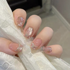 VIBEFICANT Glaze Floral French Tip Short Squaoval Pearl  Press on Nails
