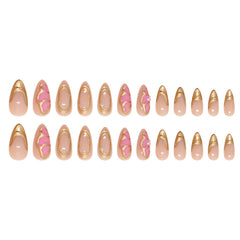 VIBEFICANT GLAZE Medium Almond Embossed Gold French Tip with Pearl Press on Nails