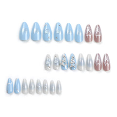 VIBEFICANT Glaze 3D Star Rhinestone Embellished Medium Almond Blue Press-On Nails