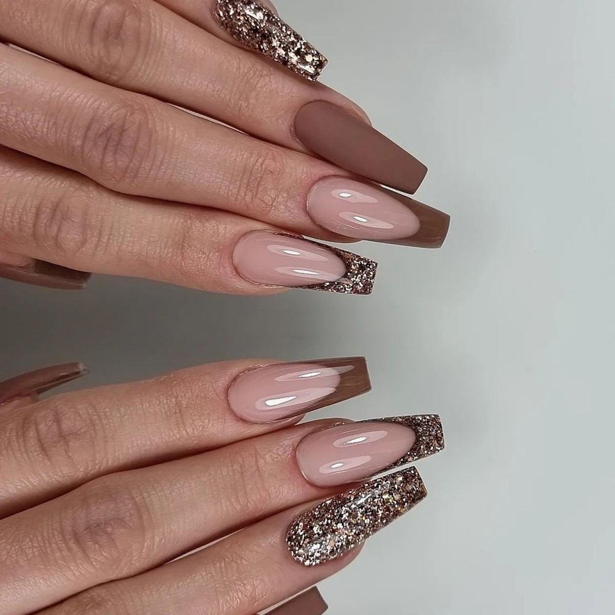 Brown Long Coffin Glitter French Tip Press on Nails