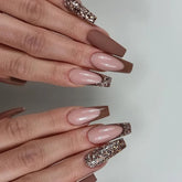 Brown Long Coffin Glitter French Tip Press on Nails