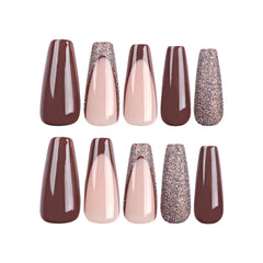 VIBEFICANT GLAZE Brown Long Coffin Glitter French Tip Press on Nails