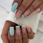 Pastel Blue Glitter French Tip Rhinestone Medium Square Press-On Nails